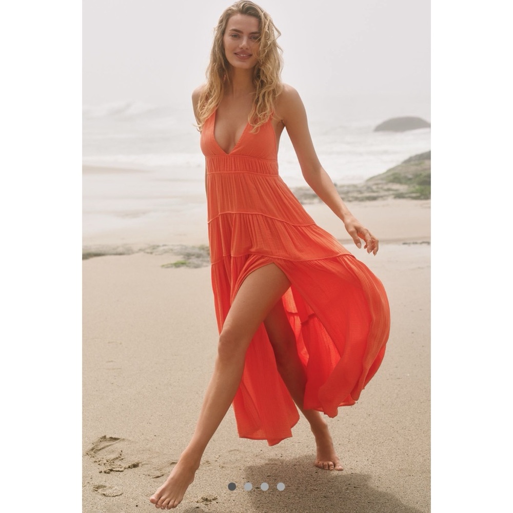 Anthropologie Celandine Sleeveless Plunge Midi Dress Flame Vacation NWT Sz L
